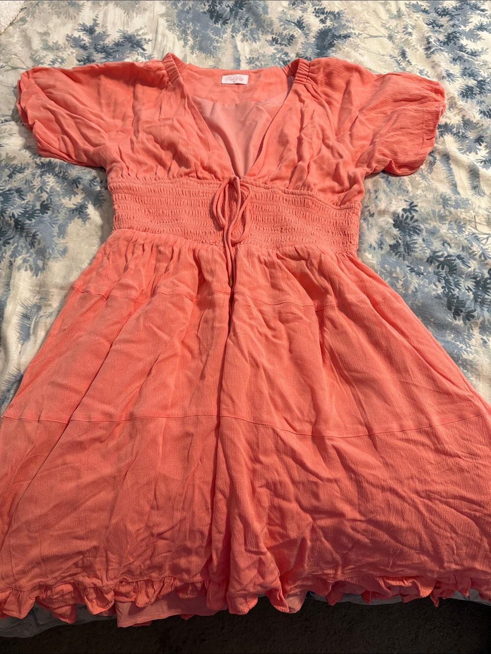 Pink Lily Coral Smocked Waist V-Neck Short Sleeve Dress